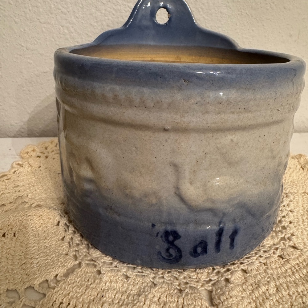 Vintage Blue Stoneware Salt Crock